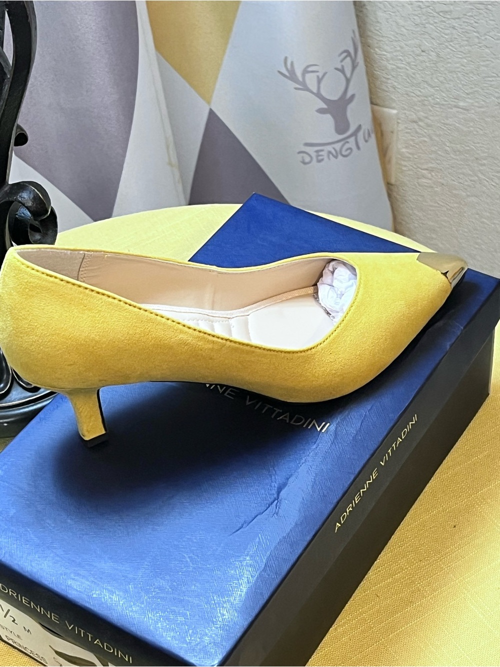 Adrienne Vittadini Yellow Suede Pointed Toe Kitten Heel Pump with Gold Cap